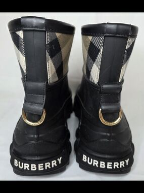 Burberry Black Rubber Boots with Beige Check Panel and Gold D-Rings